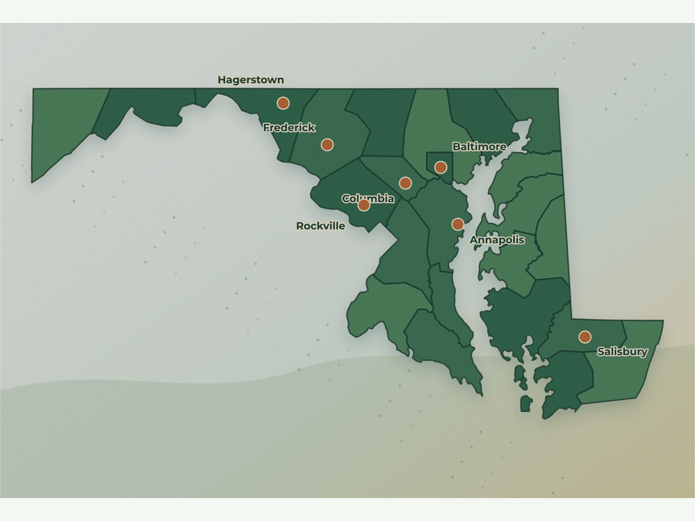Accurate Maryland land service area map showing Baltimore, Columbia, Frederick, Rockville, Annapolis, Salisbury, and Hagerstown